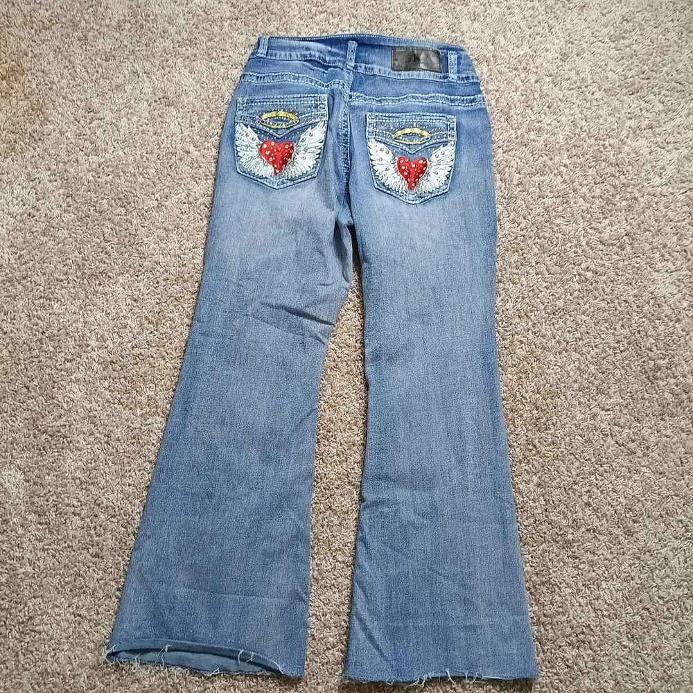 SKY Angel Wing Heart Flare Jeans‎ Women's Size 13/14 Y2K Stretch Denim